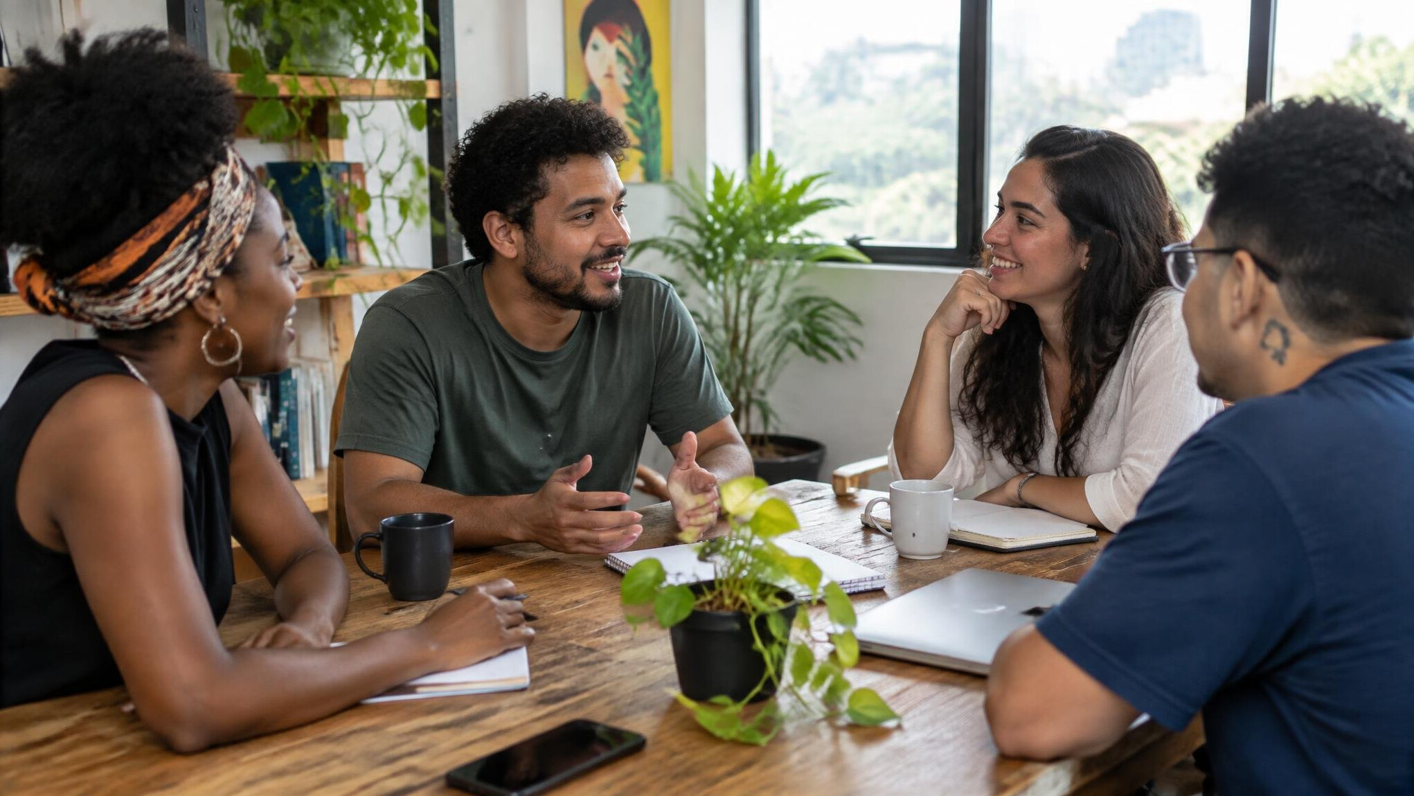 Small group of people gathered around a table talking